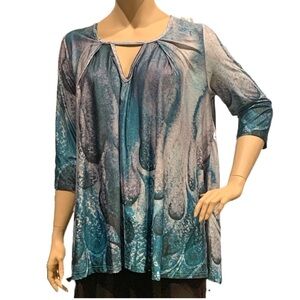 Simply Aster Tunic High Low Top Plus 1X 3/4 Sleeves Teal Gray Keyhole Neckline